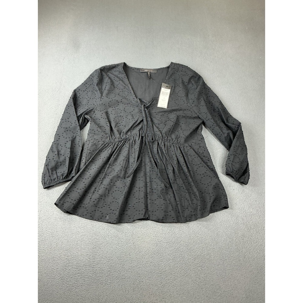 BCBGMAXAZRIA Blouse Womens S Black Tunic Polka Dot Pleated Elastic Waist